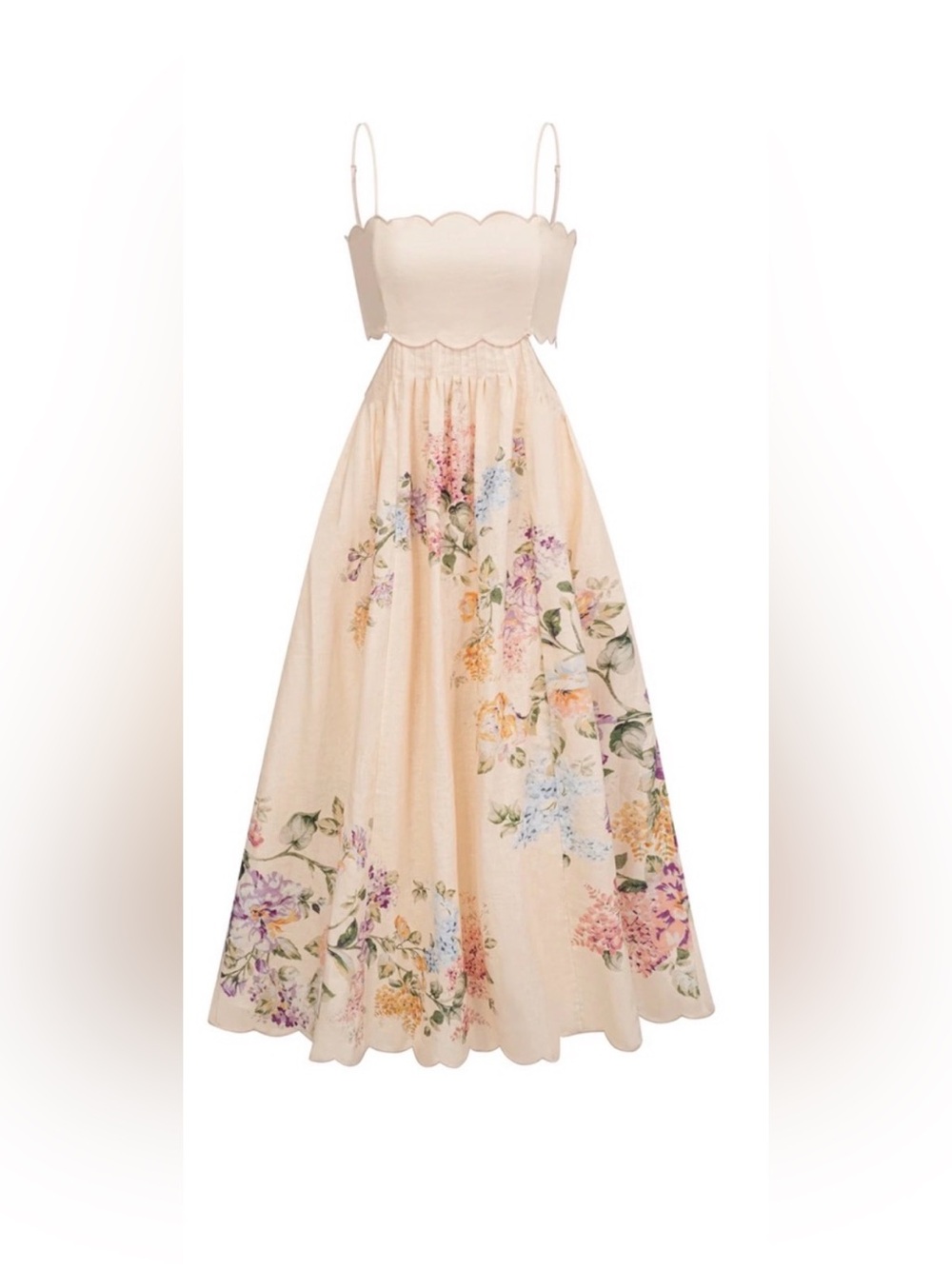 Women's Cream Floral Midi Dress - Elegant Scalloped Hem - Picture 2 of 4